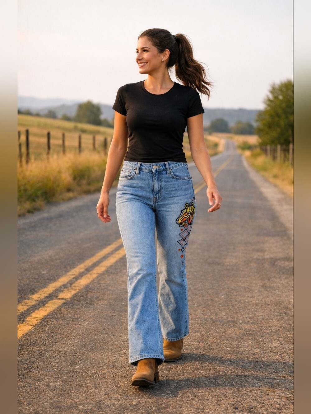 Women’s Light Blue Bootcut Jeans Colorful Side Embroidery Size M Boho Western